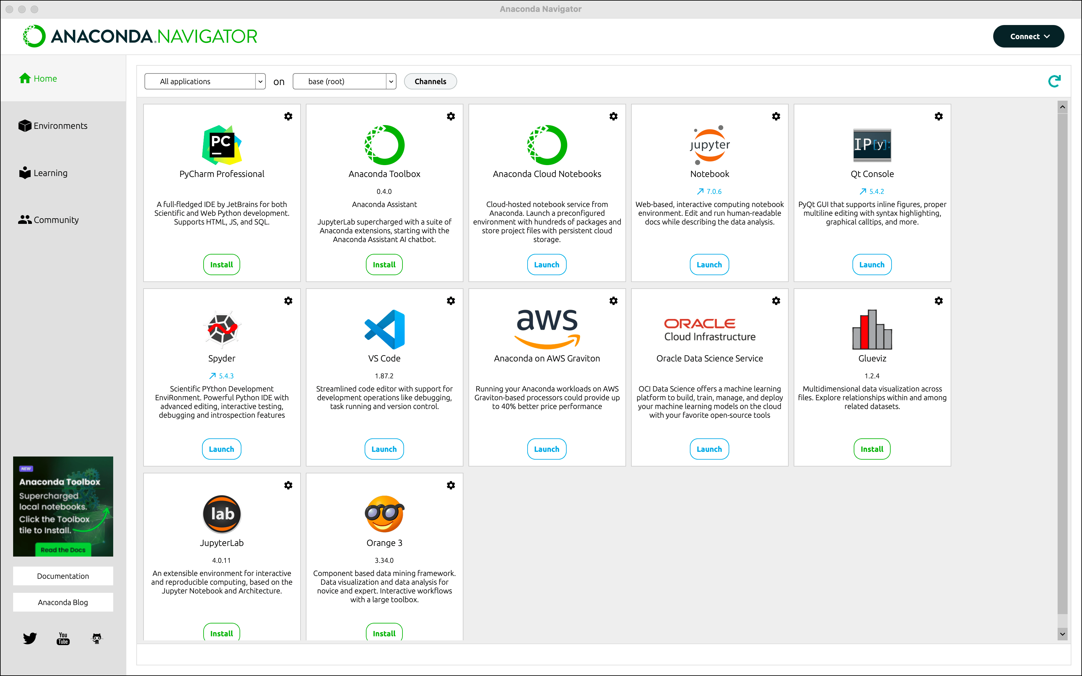 Anaconda Navigator — Home, Environments, and other tabs