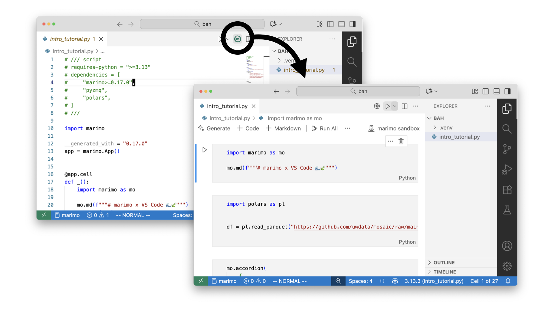 marimo notebook running inside VS Code