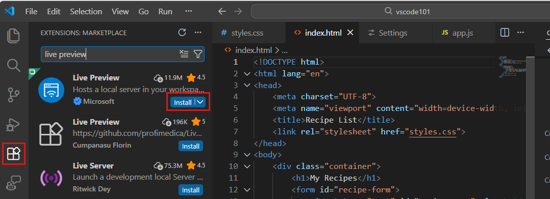 Extensions view