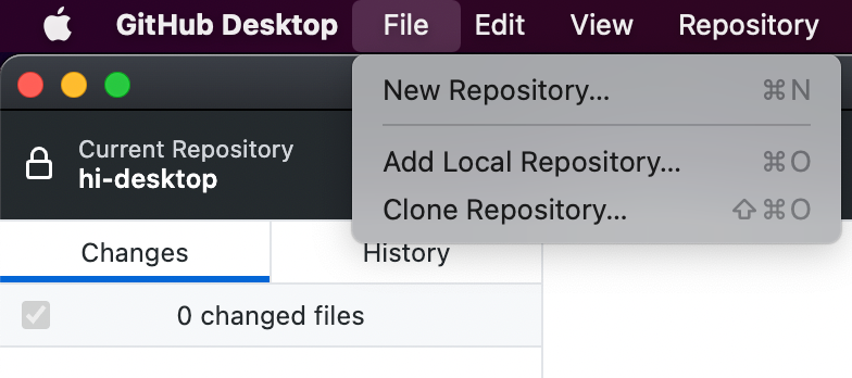 The File menu — clone, add, or create a repository