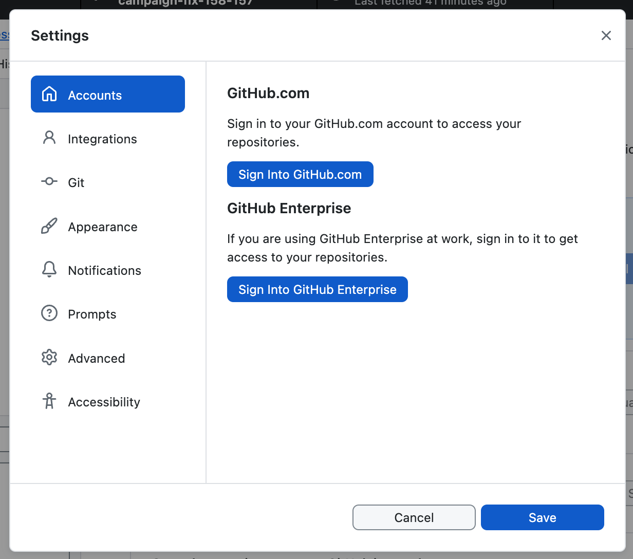 The Accounts pane — sign in with your GitHub.com account