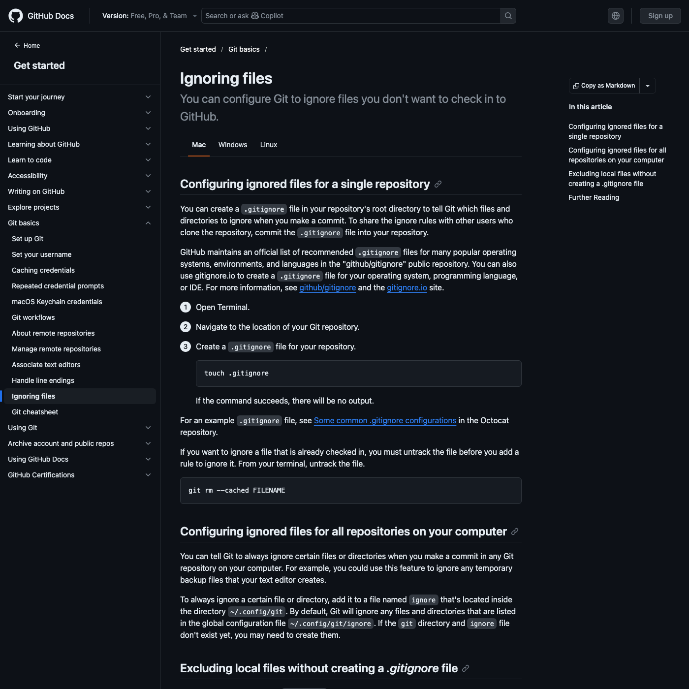 docs.github.com — Get started / Git basics / Ignoring files