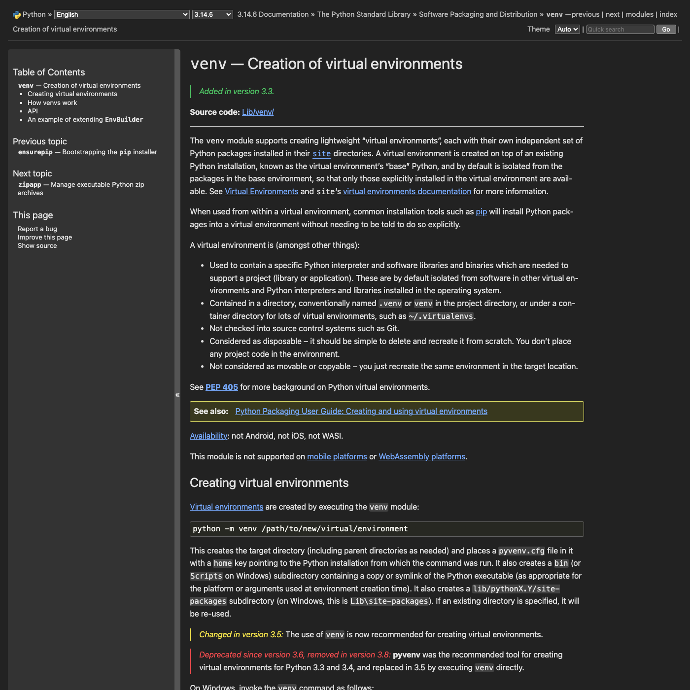 venv docs